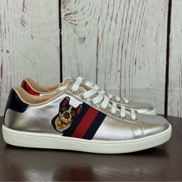 GUCCI ACE Year of the Dog Metallic Silver Women’s Napa Leather Sneakers 7 NiB - Picture 11 of 17